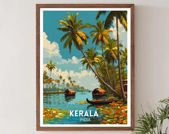 May include: A framed art print featuring a vibrant illustration of Kerala, India. The artwork depicts a serene tropical scene with palm trees, houseboats on the water, and the text "Kerala India" at the bottom. The color palette includes blues, greens, and yellows.