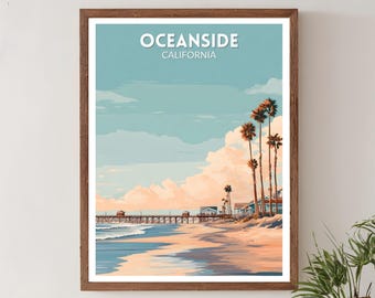 Oceanside California Retro Travel Poster, Mid Century Modern Wall Art Print, Vintage Coastal Landscape Decor, American Home Art