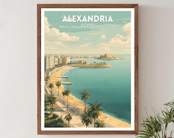 Alexandria Ägypten Retro Reise Poster, Mid Century Modern Wand Kunst Druck, Vintage Küsten Stadtbild Dekor, Mediterran Wohnkunst