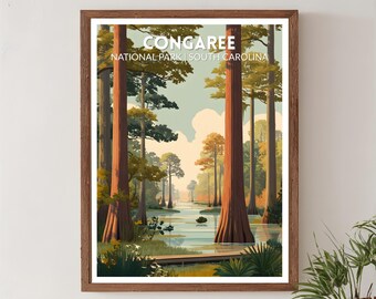 Congaree National Park South Carolina Retro Travel Poster, Mid Century Modern Vintage Landscape Art, North America Wall Art