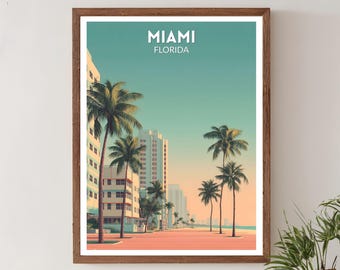 Miami Florida Retro Reise Poster, Mitte des Jahrhunderts moderne Wand Kunst Druck, Vintage Küsten Stadtbild Dekor, Tropische Kunst