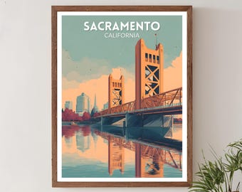 Sacramento California Retro Travel Poster, Mid Century Modern Wall Art Print, Vintage Cityscape Decor, American Home Art