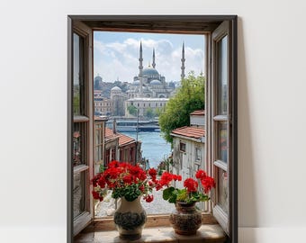 Istanbul Window View Art Print, Bosphorus Wall Art, Turkish Cityscape Poster, Travel Photography, Turkey Home Decor, Mosque Artwork