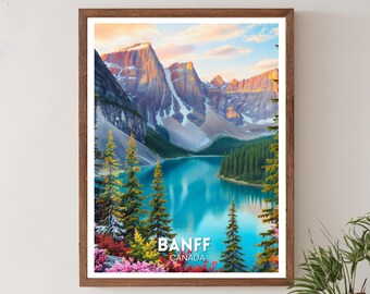 Banff Travel Print – Canada, Banff-poster, Canadian Wall Art, Noord-Amerika reizen illustratie, Banff Mountain natuur decor, Canada print