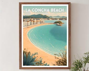 La Concha Beach Spain Retro Travel Poster, Mid Century Modern Vintage Coastal Art, European Wall Art