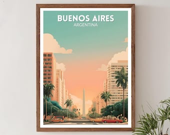Buenos Aires Argentinië retro reisposter, moderne muurkunst print uit het midden van de eeuw, decor vintage stadsgezicht, poster Argentinië, woondecoratie