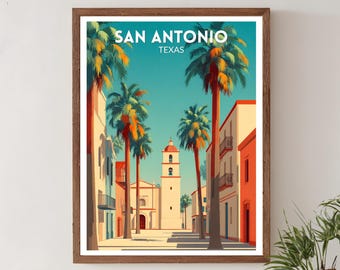 Póster retro de San Antonio, Texas; lámina artística moderna de mediados de siglo; decoración vintage de paisaje urbano; arte americano para el hogar.