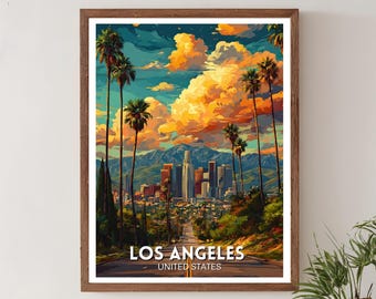 Los Angeles Travel Print – California Poster, USA Wall Art, Sunset City Skyline, Palm Tree Road Illustration, LA Travel Poster, Los Angeles