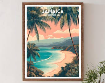 Poster di viaggio retrò della Giamaica, arte moderna di metà secolo, arte murale caraibica