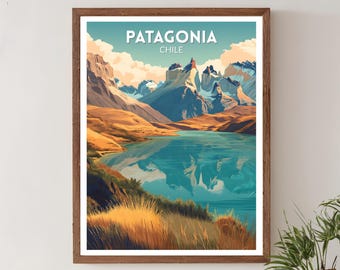 Patagonia Chile Retro Travel Poster, Mid Century Modern Wall Art Print, Vintage Mountain Landscape Decor, Chile Poster, Home Decor