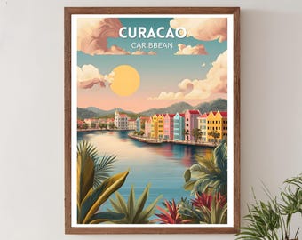 May include: A framed art print of Curaçao, Caribbean. The artwork depicts colorful buildings along a waterfront, with a large yellow sun in the sky. Lush green plants frame the bottom of the image, with the text "CURACAO CARIBBEAN" at the top.