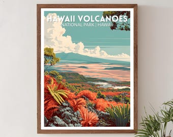 Póster de viaje retro de los volcanes de Hawái / Arte de cráteres y campos de lava de mediados de siglo / Impresión vintage de paisajes hawaianos