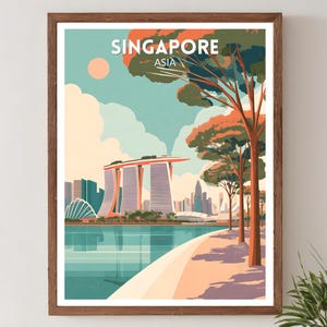 May include: A framed art print featuring a stylized illustration of Singapore. The artwork showcases the city's skyline, including the Marina Bay Sands, with a vibrant color palette of blues, greens, and oranges. The word "SINGAPORE" is at the top.