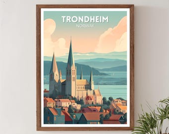 Poster di viaggio retrò di Trondheim, Norvegia, arte urbana vintage moderna di metà secolo, arte murale europea