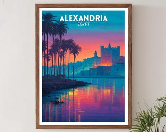 Alexandria Ägypten lebhaftes Reise-Plakat, Retro futuristische Wand-Kunstdruck, bunte Küstenstadtbild, modernes mediterranes Dekor