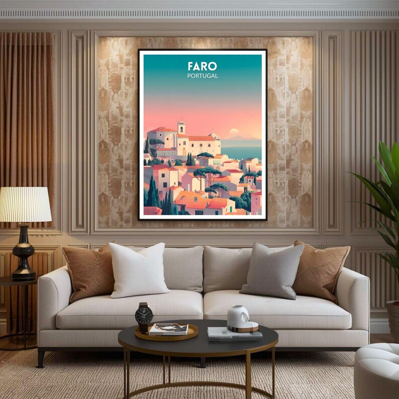May include: A framed art print featuring a stylized illustration of Faro, Portugal. The artwork depicts a coastal town with white buildings, red rooftops, and green trees under a gradient sky. Text at the top reads "FARO PORTUGAL."