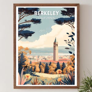 May include: A framed art print featuring a scenic view of Berkeley, California. The artwork showcases a tall tower, buildings, and lush greenery under a blue sky. The text "BERKELEY CALIFORNIA" is displayed at the top.