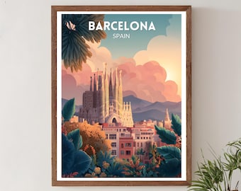 Barcelona Spain Modern Travel Poster, Scenic City & Cathedral Clean Illustration, European Wall Art