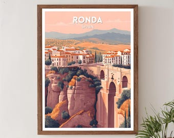 Plakat podróżniczy Ronda w stylu retro, Hiszpania, sztuka historyczna z połowy XX wieku, sztuka ścienna z Europy