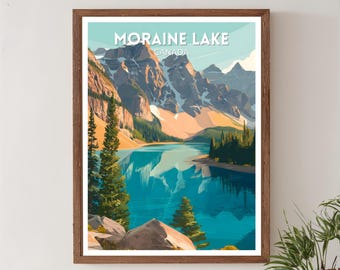 Moraine Lake Canada Retro Travel Poster, Mid Century Modern Vintage Mountain Landscape Art, Alpine Nature Wall Art
