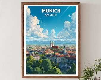 May include: A framed print of Munich, Germany, featuring a cityscape under a bright blue sky with fluffy white clouds. The print includes the city's name at the top.