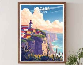 Nazaré Portugal Modern Travel Poster, Dramatic Atlantic Waves Clean Illustration, European Wall Art