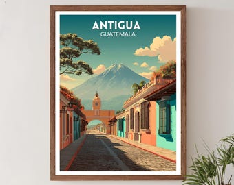 Poster di viaggio retrò di Antigua Guatemala, stampa artistica da parete moderna di metà secolo, decorazione di paesaggi urbani vintage, poster del Guatemala, arredamento per la casa