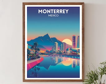Monterrey Mexico Vibrant Travel Poster, Retro Futuristic Wall Art Print, Colorful Cityscape Decor, Mexico Poster, Modern Decor, Monterrey