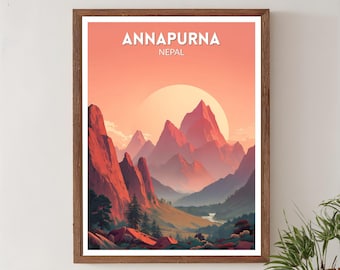 Annapurna Nepal Sunset Poster, Romantic Mountain Landscape Wall Art, Travel Memory Decor Print