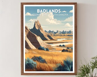 Badlands National Park South Dakota Retro Travel Poster, Mid Century Modern Vintage Landscape Art, North America Wall Art