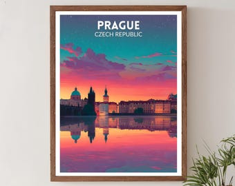 Levendige reisposter Praag, Tsjechië, retro futuristische muurkunstprint, kleurrijk stadsgezicht decor, poster Tsjechië, modern decor