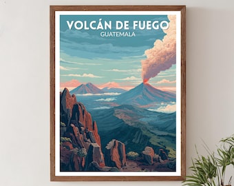 Volcán de Fuego Guatemala Retro Travel Poster – Mid Century Modern Vintage Volcano Art