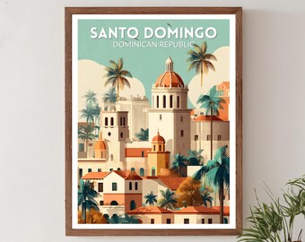 Santo Domingo Dominican Republic Retro Travel Poster, Mid Century Modern Vintage Colonial Zone Art, Caribbean Wall Art