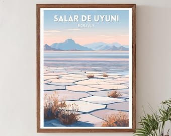 May include: A framed art print depicting Salar de Uyuni, Bolivia. The artwork shows a salt flat with a geometric pattern, a body of water, and mountains under a pastel sky. The print includes the text "SALAR DE UYUNI BOLIVIA".