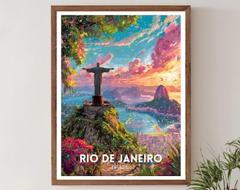 Wydruk z podróży do Rio de Janeiro – Brazylia, sztuka ścienna, plakat z Rio de Janeiro, dekoracja z podróży do Brazylii, wydruk artystyczny z motywem karnawału, grafika przedstawiająca tropikalne miasto w stylu vintage
