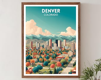 Denver Colorado Retro Travel Poster, Mid Century Modern Wall Art Print, Vintage Mountain Skyline Decor, American Home Art
