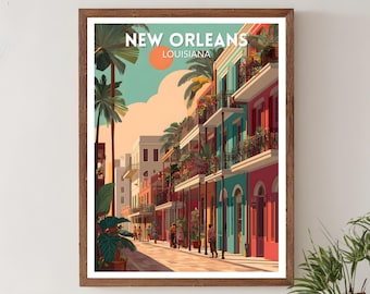 New Orleans Louisiana retro reisposter, halverwege de eeuw moderne muurkunst print, vintage stadsgezicht decor, Louisiana poster, decor van het huis,
