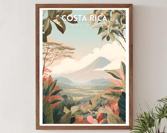 Poster di viaggio retrò in Costa Rica, arte paesaggistica tropicale vintage moderna di metà secolo, arte murale dell'America Centrale