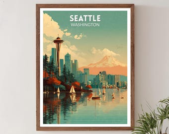 Seattle Washington Retro Travel Poster, Mid Century Modern Wall Art Print, Vintage Cityscape Decor, Washington Poster, Home Decor, Seattle