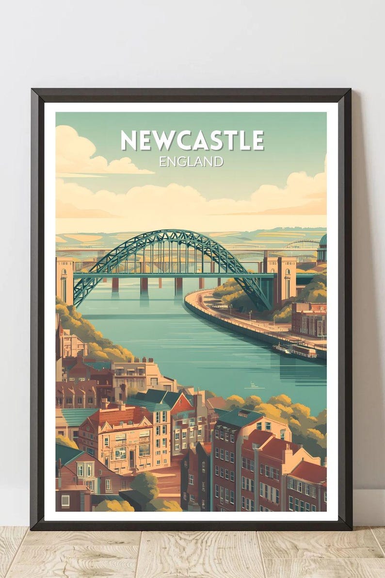 May include: A framed art print featuring a stylized illustration of Newcastle, England. The image showcases a teal-colored bridge spanning a river, with buildings and the text "NEWCASTLE ENGLAND" at the top. The artwork has a vintage travel poster aesthetic.
