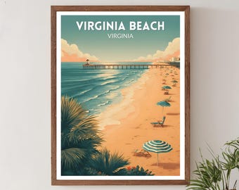 Virginia Beach Retro Reise Poster, Mitte des Jahrhunderts moderne Wand Kunst Druck, Vintage Küstenlandschaft Dekor, Virginia Poster, Wohnkultur, Strand
