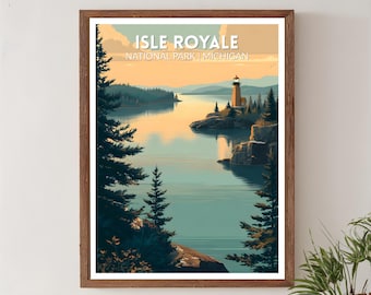 Isle Royale National Park Michigan Retro Travel Poster, Mid Century Modern Vintage Landscape Art, North America Wall Art