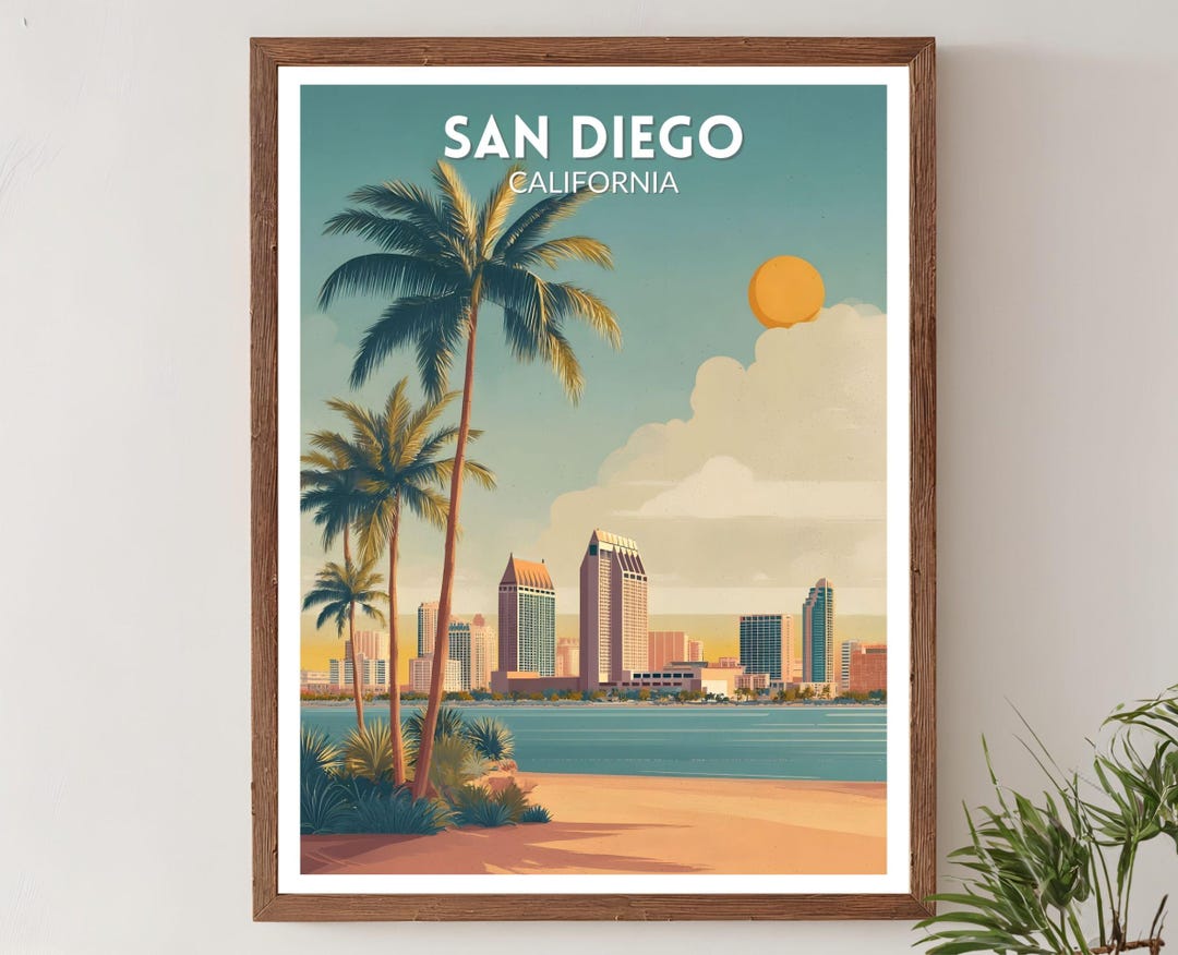 San Diego California Retro Travel Poster, Mid Century Modern Wall Art ...