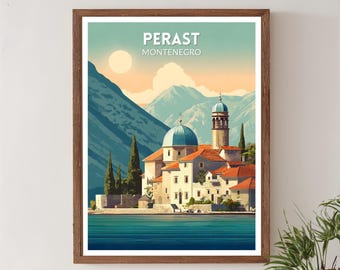 Perast Montenegro retro reisposter, moderne vintage historische stadskunst uit het midden van de eeuw, kunst aan de muur Europa