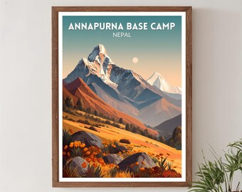 Annapurna Base Camp Nepal Retro Travel Poster, Mid Century Modern Vintage Mountain Landscape Art, Alpine Nature Wall Art