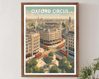 Oxford Circus Verenigd Koninkrijk retro reisposter, moderne vintage stadskunst uit het midden van de eeuw, kunst aan de muur Europa