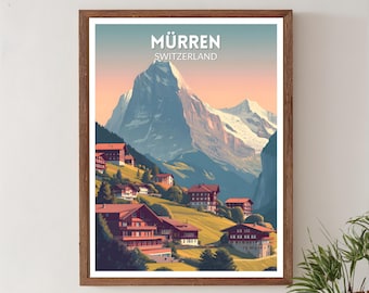 Mürren Zwitserland retro reisposter, moderne vintage bergkunst uit het midden van de eeuw, Europa muurkunst