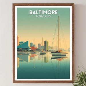 Baltimore Maryland retro reisposter, moderne muurkunst uit het midden van de eeuw, vintage havenstadsgezicht decor, Maryland poster, woondecoratie