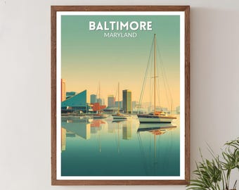 Póster retro de Baltimore, Maryland; lámina artística de pared de estilo moderno de mediados de siglo; decoración vintage de paisaje urbano portuario; póster de Maryland; decoración para el hogar.