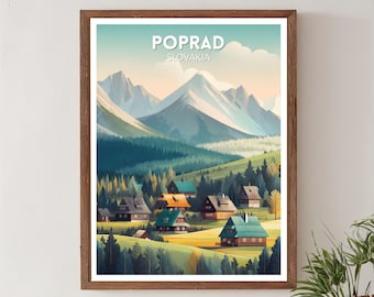 Poprad Słowacja Retro plakat podróżniczy, Mid Century Modern Vintage Mountain Art, sztuka ścienna Europy